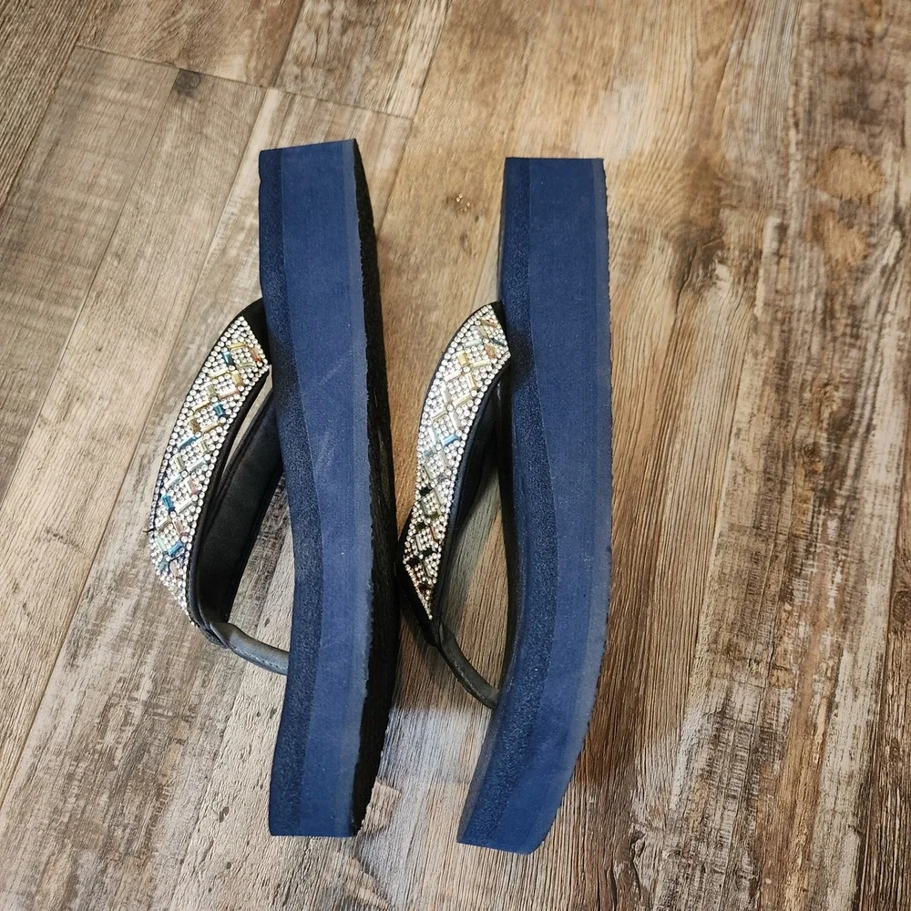 Skechers Vinyasa Glory Day Navy Blue Rhinestone Crystal Platform Wedge Sandals 9